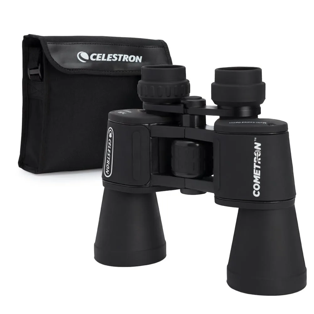Black Porro prism binoculars with 50mm objectives, 9.0 by 8.0 by 3.0 inches