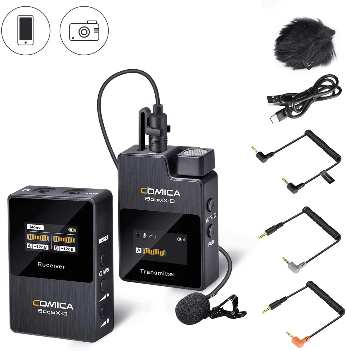 Compact wireless lavalier microphone system with clip-on transmitter and receiver