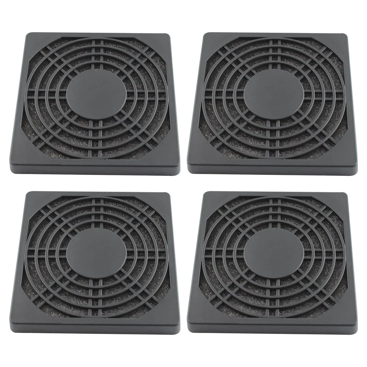 Four black square plastic fan filter covers with mesh screens, 97 mm each side, 10.5 mm thick