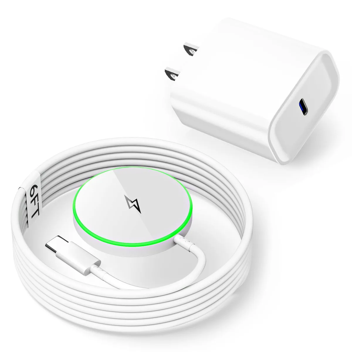 White circular MagSafe charging pad with mirror finish, 6-foot cable and 20W PD adapter
