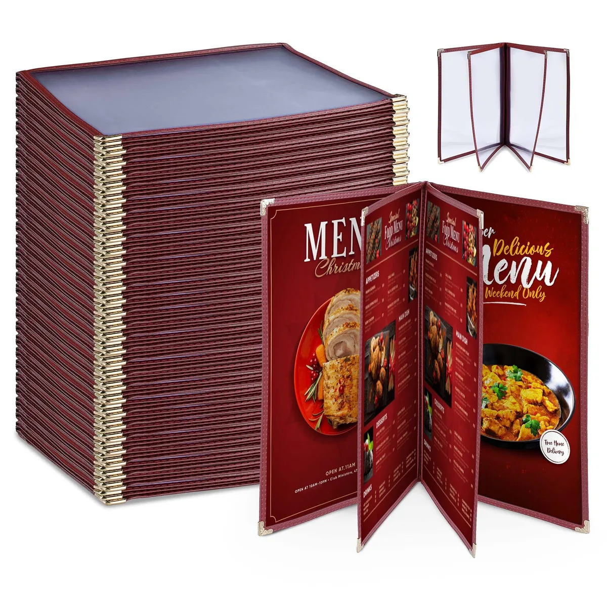 Yescom USA, Inc. Yescom USA, Inc. 26MNC031-811B4-02-30 30 Pack Menu Covers 8.5 x 11" 4 Pages 8 Views Burgundy Accessory — product photo
