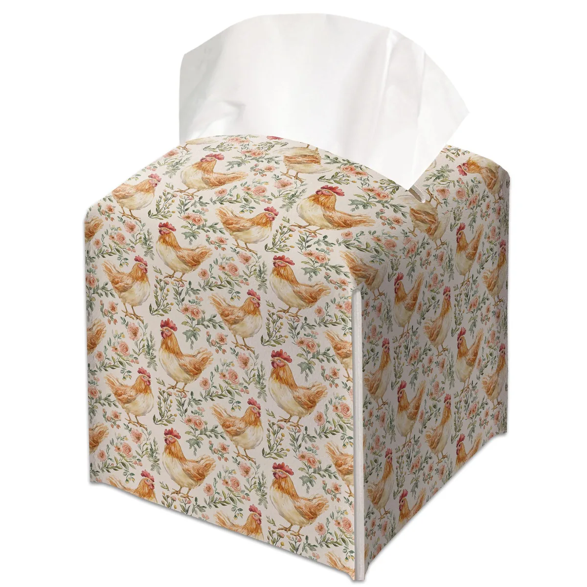Square leather tissue box cover with chicken and flower print, Velcro closure, 5.2 inches each side