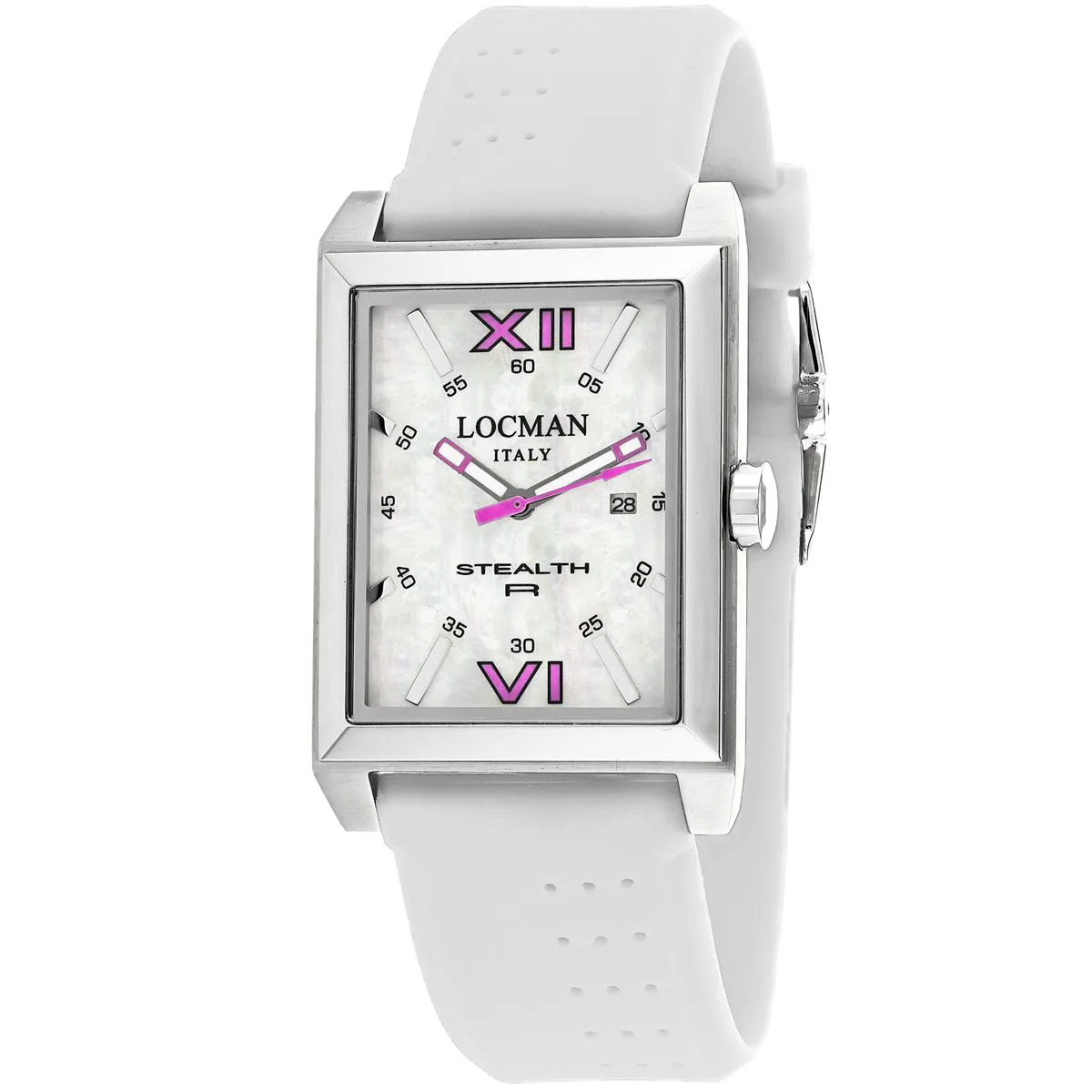 Stainless steel watch with white mother-of-pearl dial and silicone strap