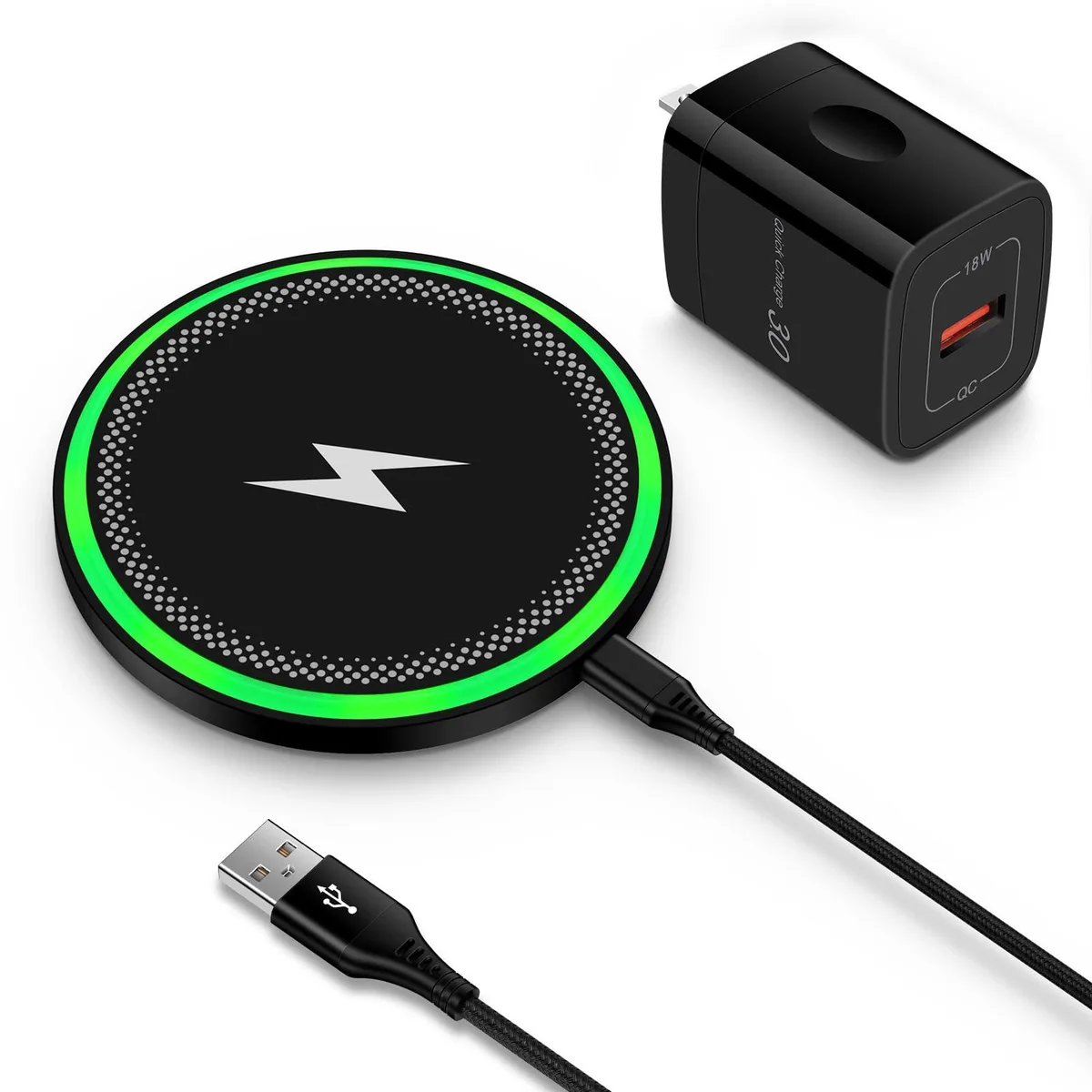 Slim black wireless charging pad with included 18W USB-C power adapter