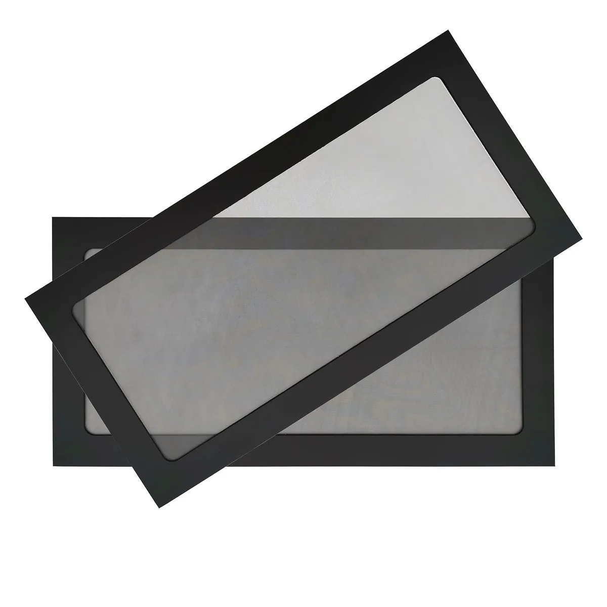 Two black rectangular magnetic nylon mesh filters with plastic frames