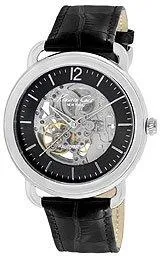 Kenneth Cole automatic watch with silver dial showing mechanism, black crocodile-embossed leather strap