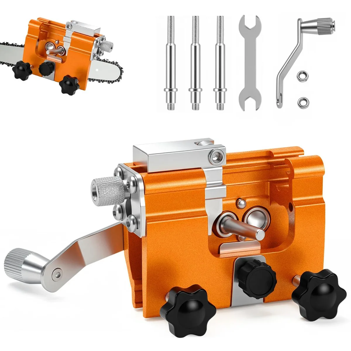 Compact hand-crank chain sharpener set in metal finish