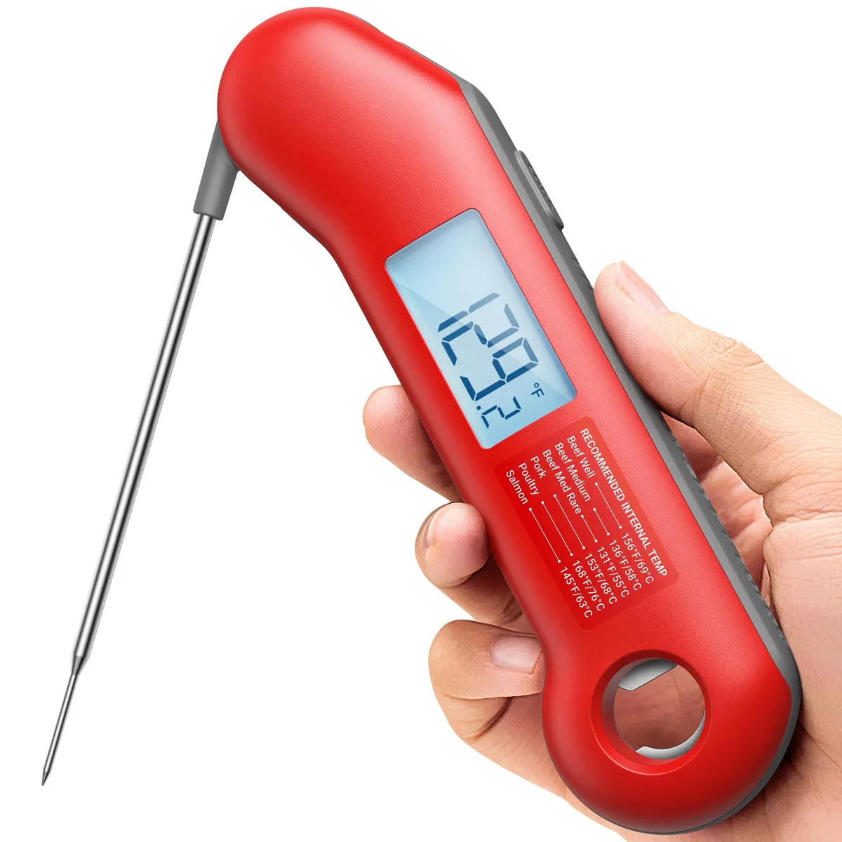 Red and gray digital thermometer with a folding metal probe and backlit display