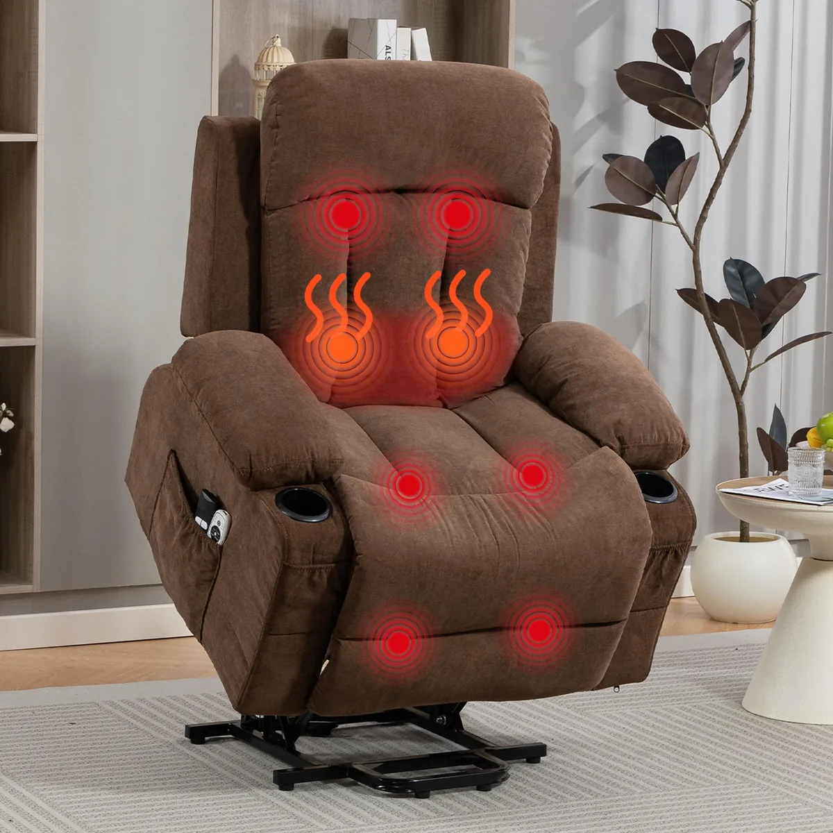 Brown fabric power lift recliner with cup holders and side pockets