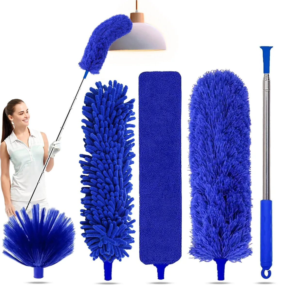Blue 5-piece microfiber cleaning kit with 100-inch extendable stainless steel pole