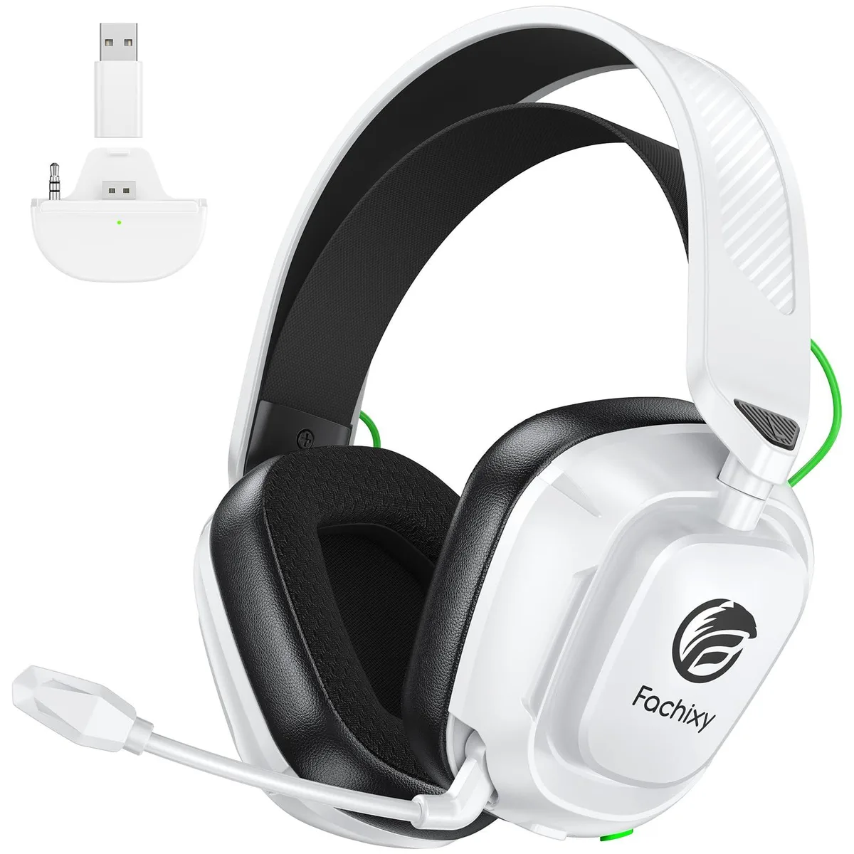 White over-ear headphones with a matte finish, padded headband and ear cups, USB dongle and charging cable beside them