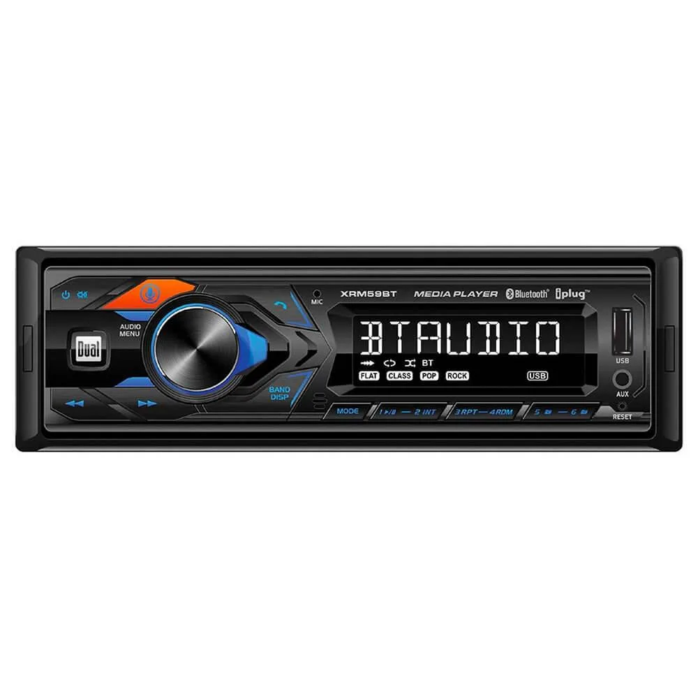 Dual XRM59BT single DIN digital media receiver with blue illuminated display and push-to-talk button