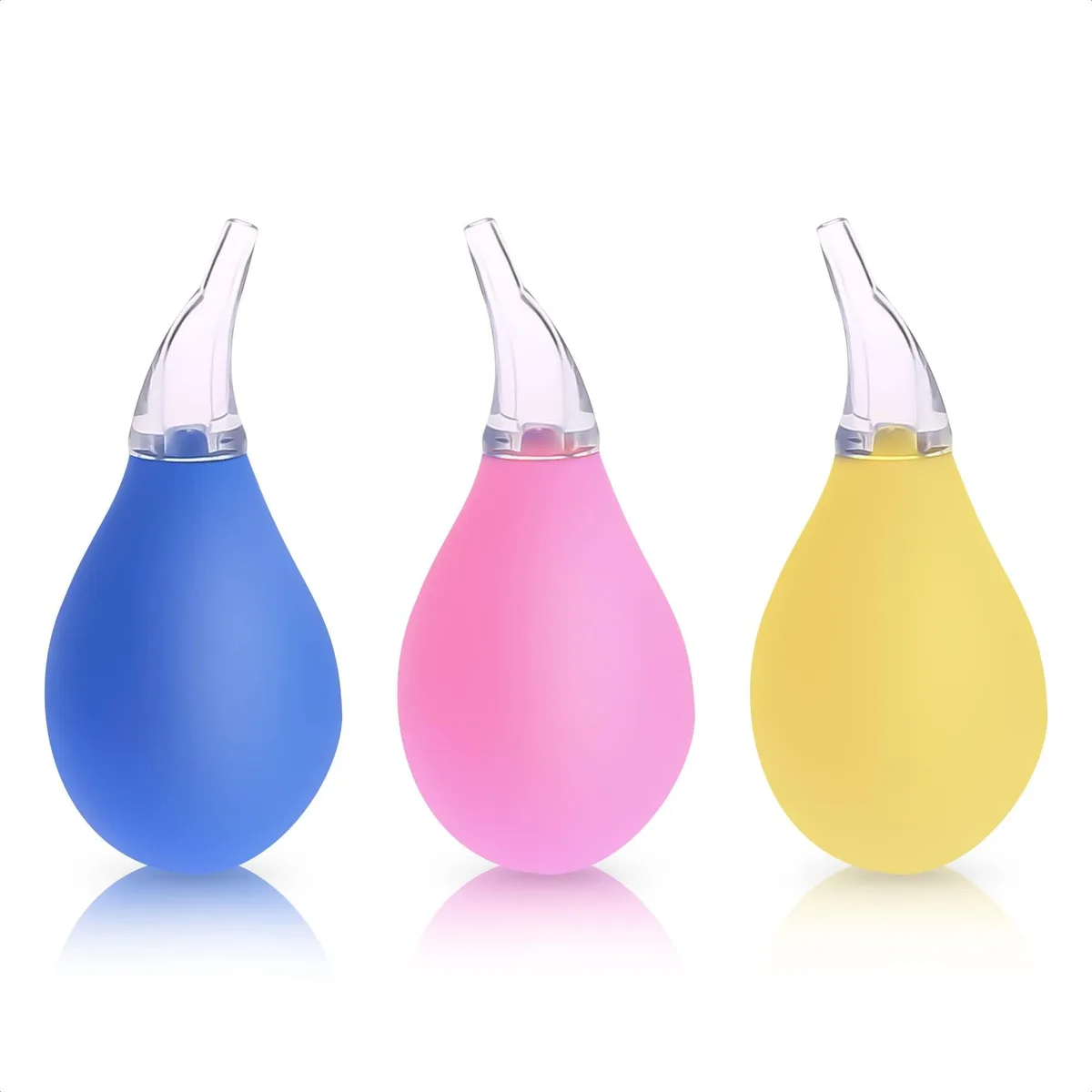 Three small pink blue and light yellow nasal aspirators with detachable tips lying side by side