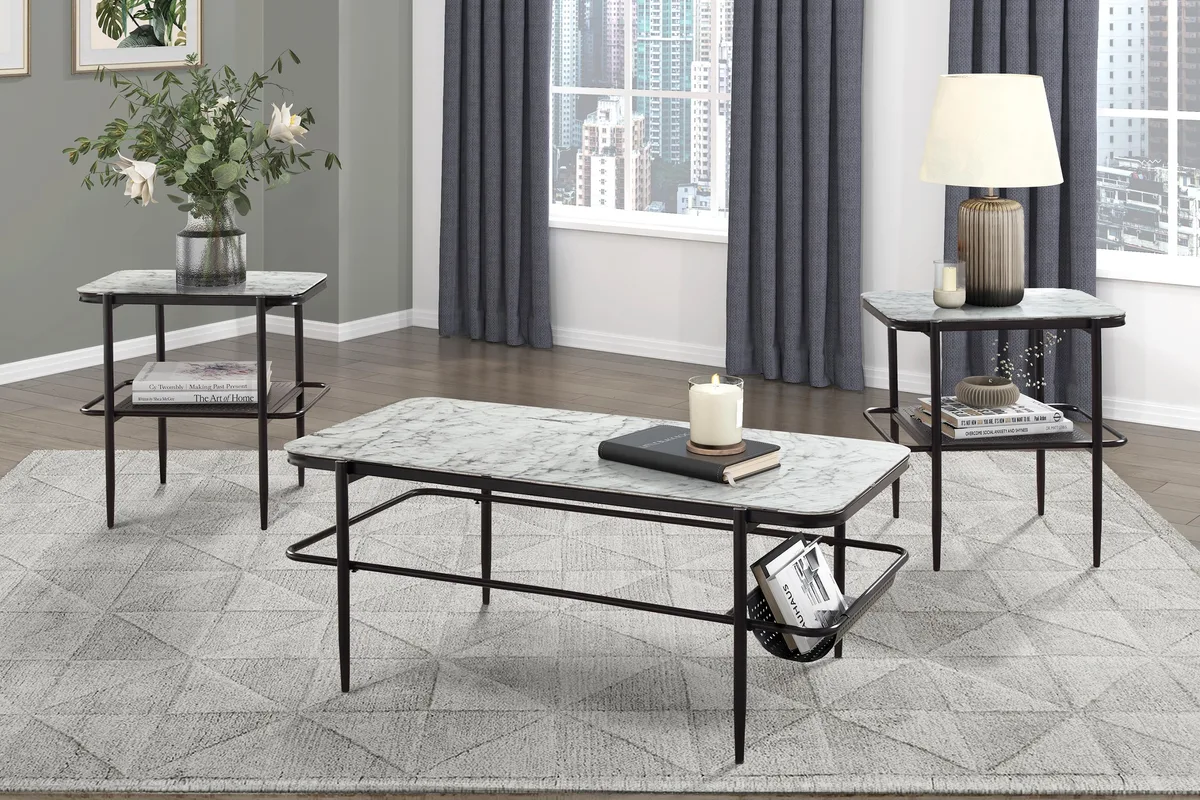 Three-piece table set: coffee table and two end tables with white marble printed fluted glass tops