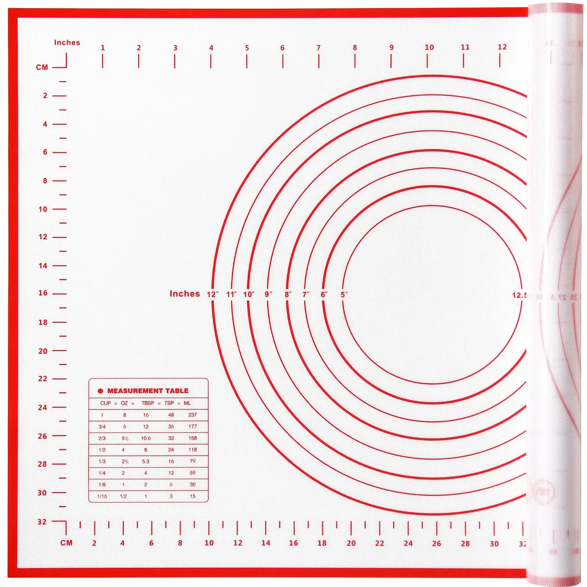 Red rectangular silicone baking mat with printed measurement grid, 24 by 16 inches