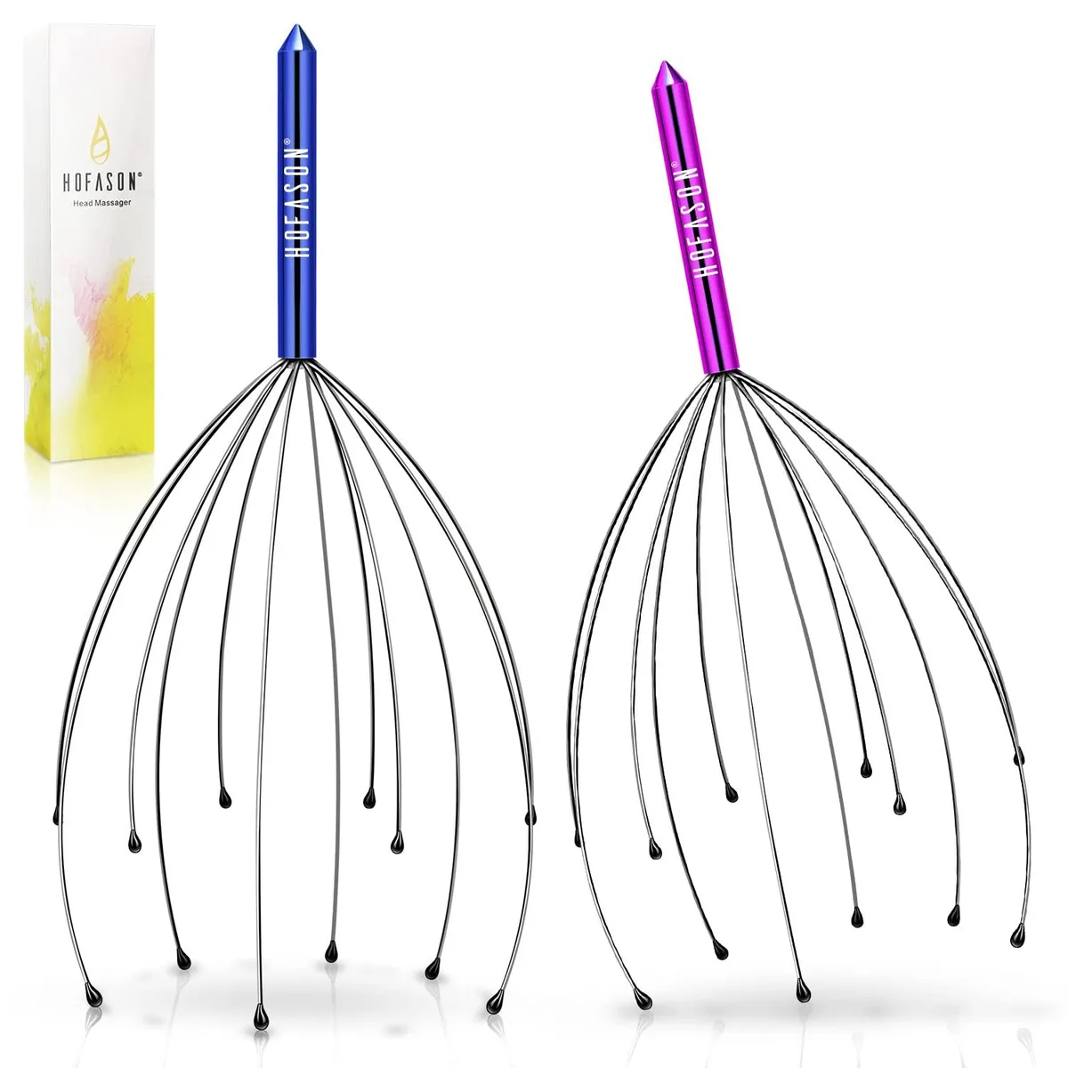 Two colourful handheld 12-finger scalp massagers with rubber tips, foldable wire frames, lightweight