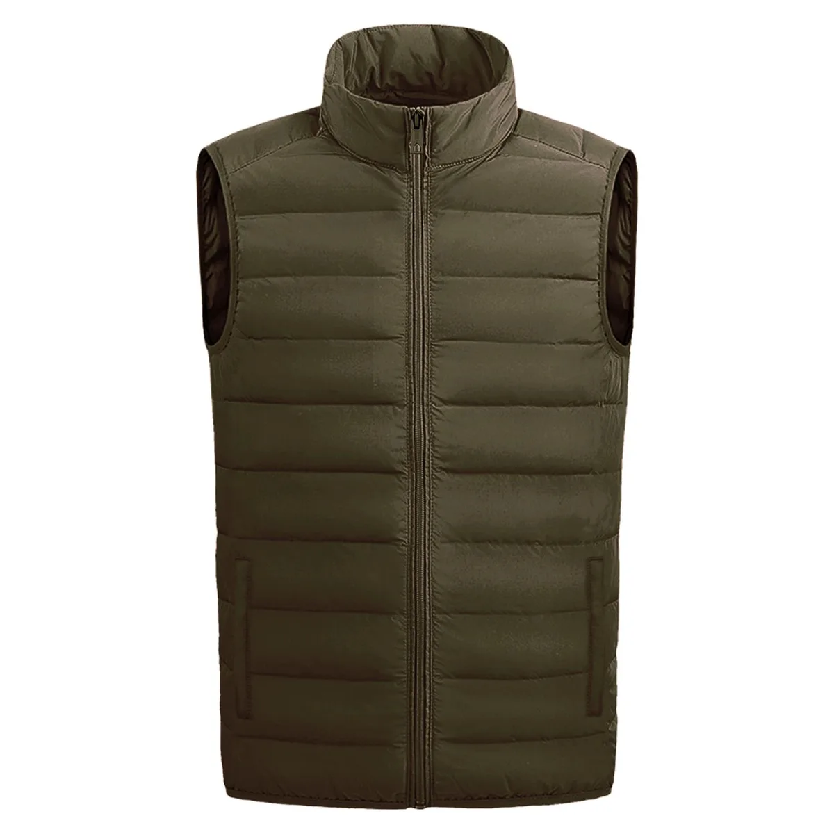 Khaki sleeveless puffer vest, front zip, quilted nylon shell, two side pockets, chest pocket, lightweight packable design