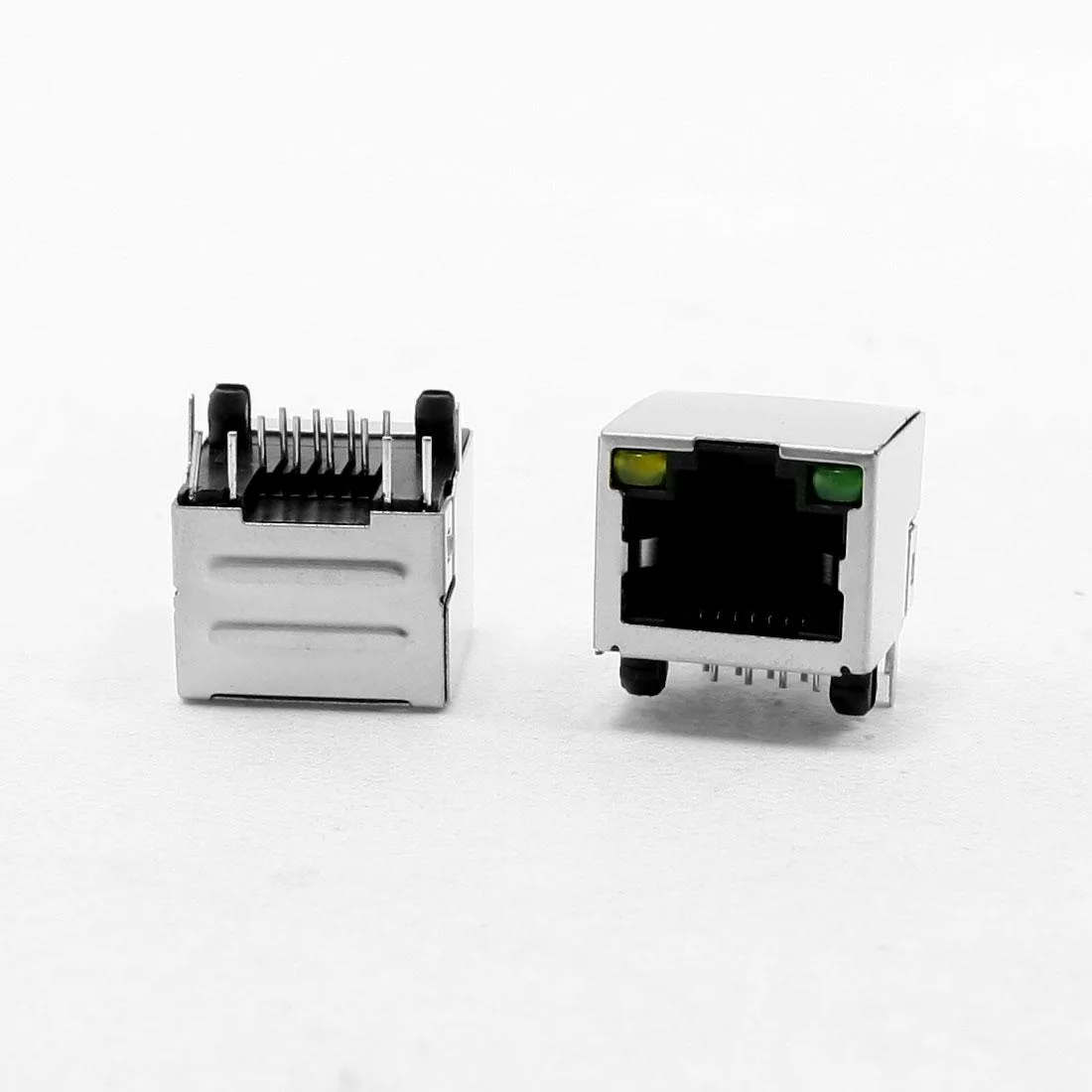 Pack of twenty black shielded RJ45 jacks with green and yellow LEDs and right-angle pins