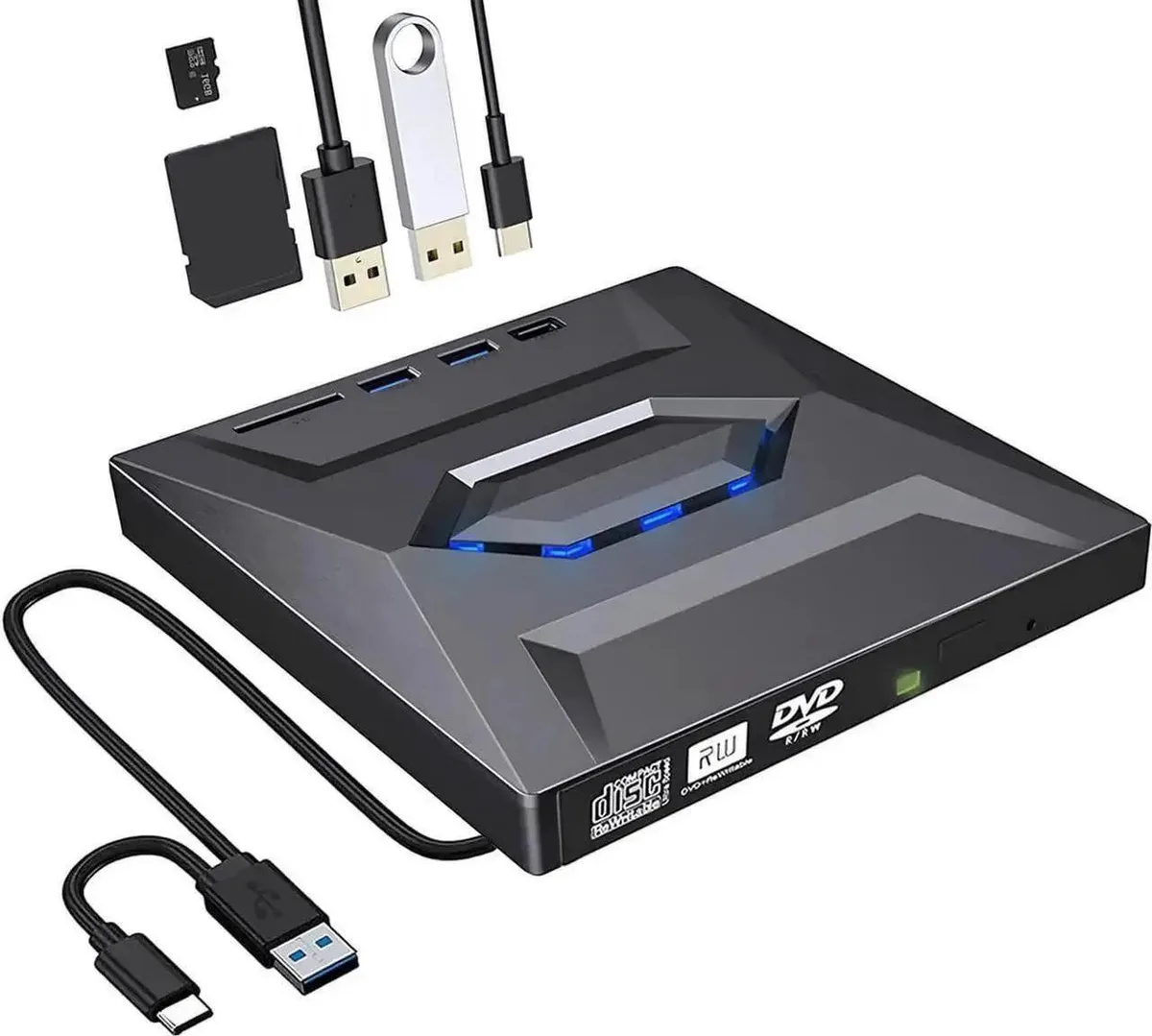 Vszerda Vszerda External DVD CD Drive USB 3.0 Type C 2 USB Ports SD TF Slot — product photo