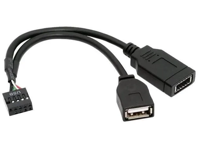 Short internal cable with a 9/10-pin header plug branching to two USB-A ports and one Type-E socket