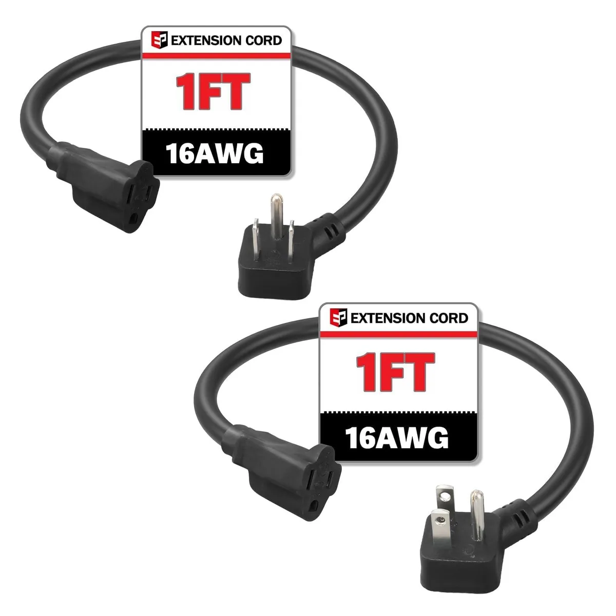  1Ft Flat Plug Short Extension Cord 90° Angled 16AWG 13A SJTW 3-Prong Grounded ETL Listed Black — product photo