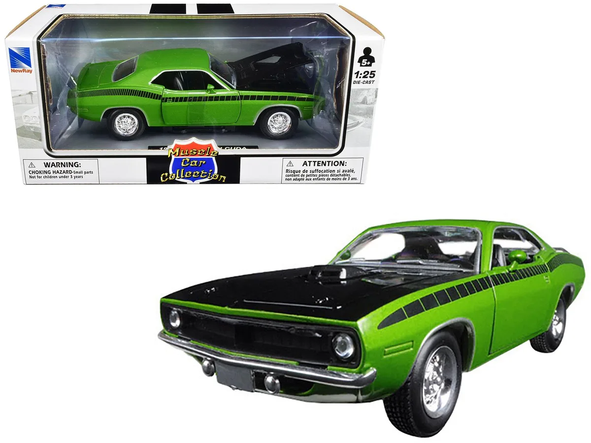 New Ray Toys New Ray Toys 1970 Plymouth Barracuda 1/25 Diecast Green Black Hood Stripes — product photo