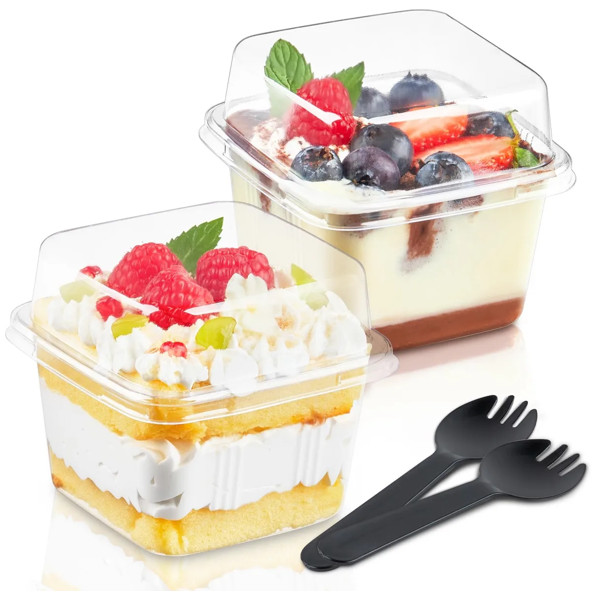 Clear square 8 oz plastic dessert cups with lids and black sporks, 50 pack