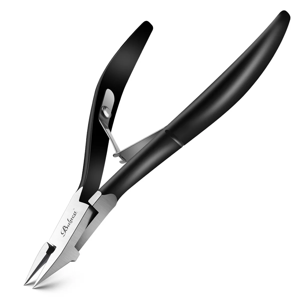 Black stainless steel straight-blade nail trimmer with long ergonomic handle