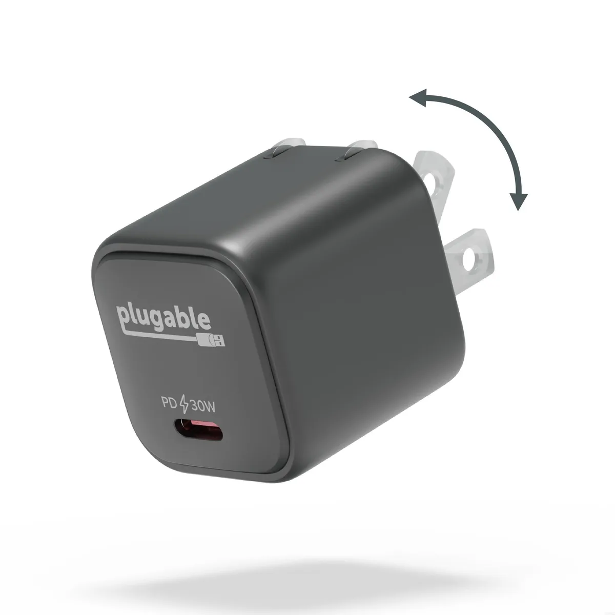 Small black USB-C wall charger with foldable prongs
