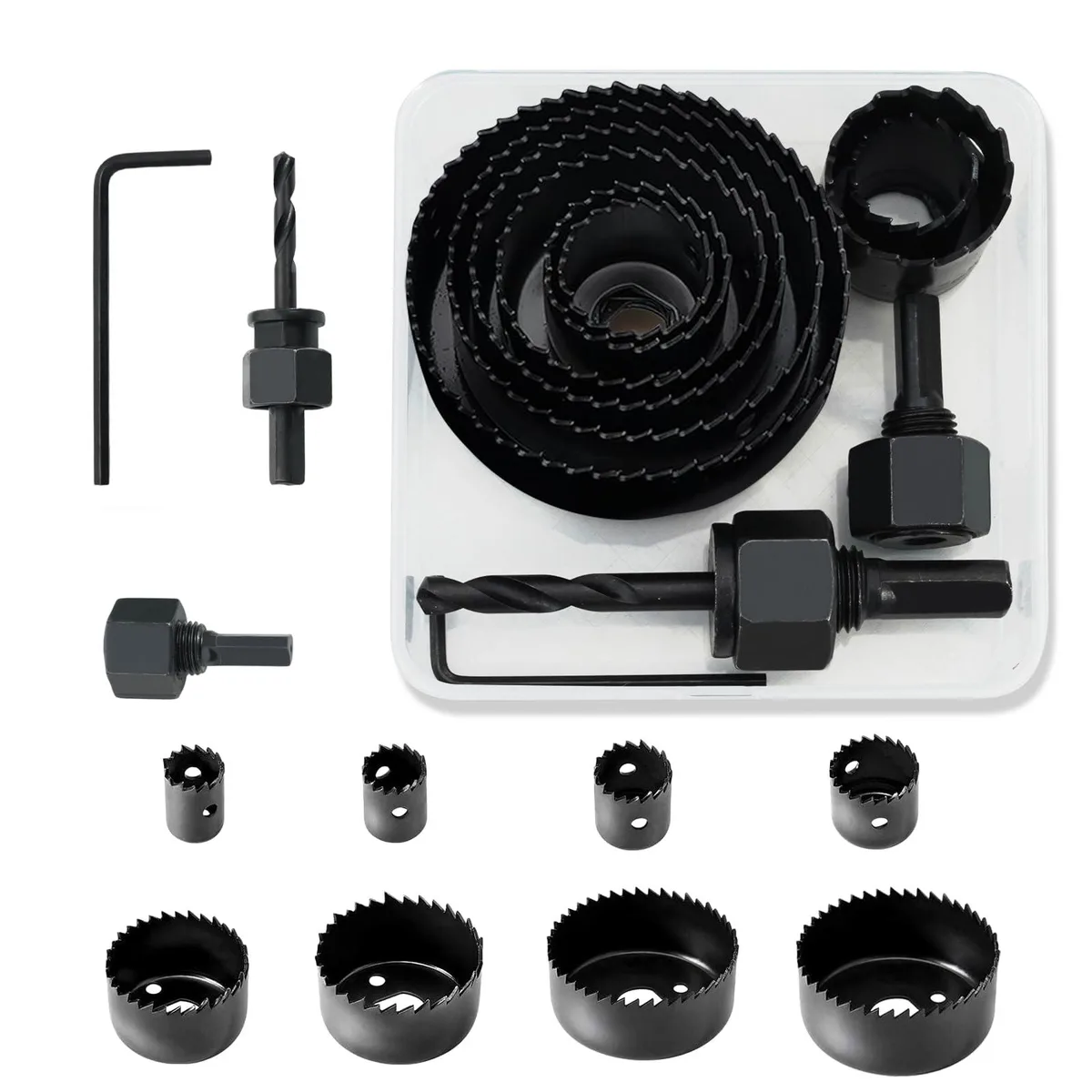 Black carbon steel hole saw kit with eight blades, two arbors, hex key, storage box
