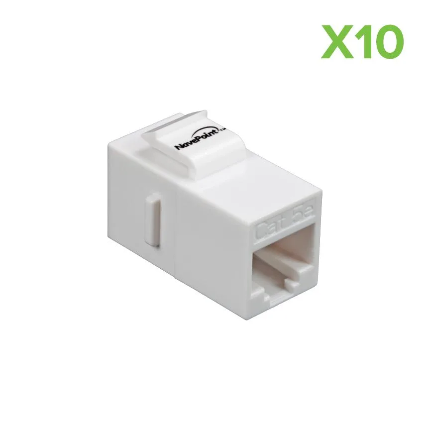 Ten white keystone couplers with gold RJ45 contacts