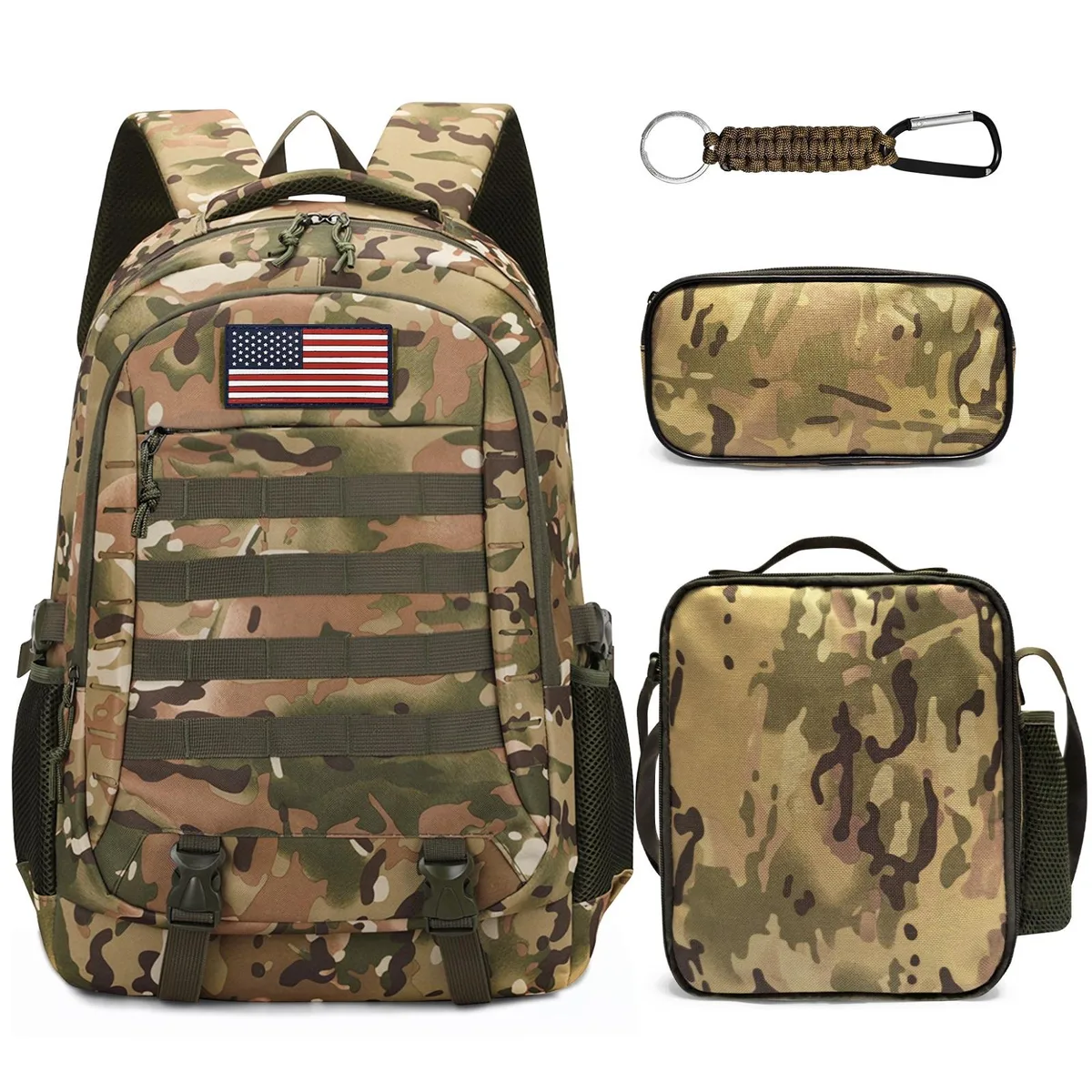Camo polyester backpack with matching lunch box and pencil case, MOLLE webbing and compression straps