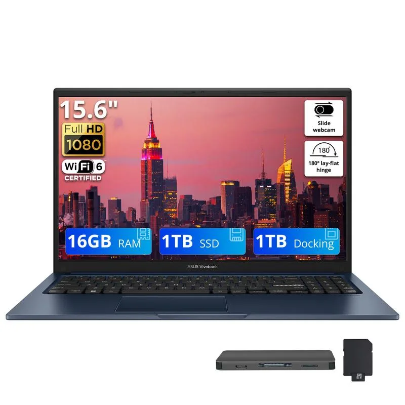 ASUS ASUS Vivobook 15.6" FHD business laptop, Intel Core 3 100U, 16GB, 1TB SSD + 1TB docking set, Quiet Blue — product photo