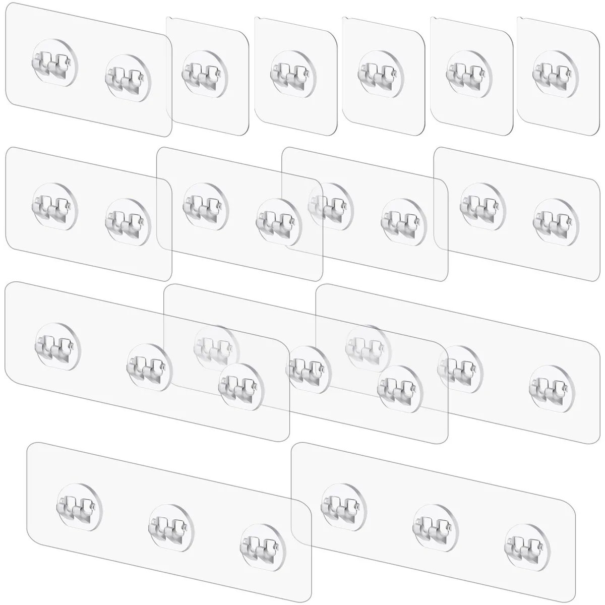 Fifteen clear plastic adhesive hooks in three sizes on backing sheets