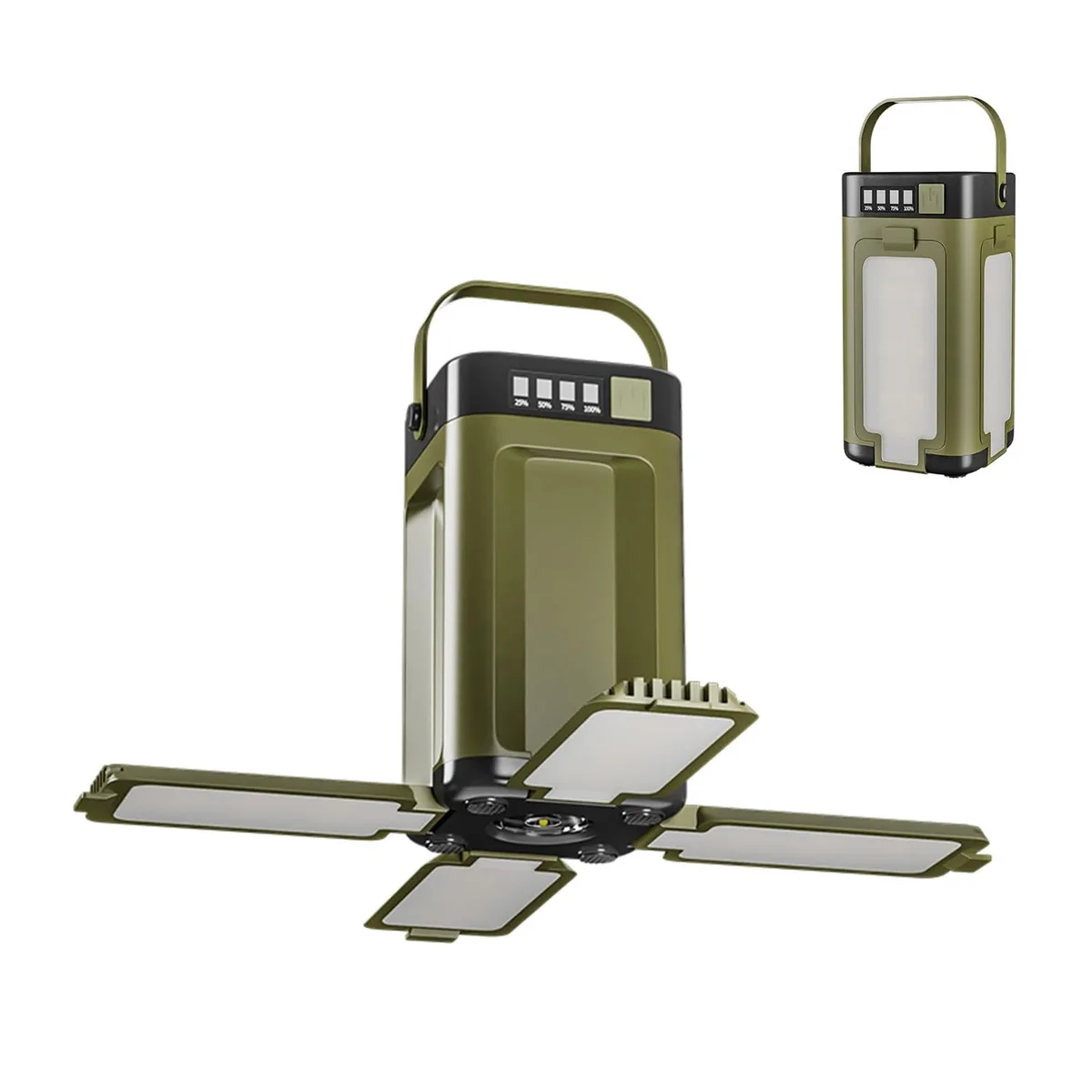 Compact black lantern with four foldable light panels and a rotating hook