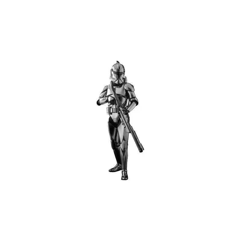 Hot Toys 1/6 scale Clone Trooper Chrome Version action figure, shiny silver chrome armor, 30 cm tall, 30 points of articulation