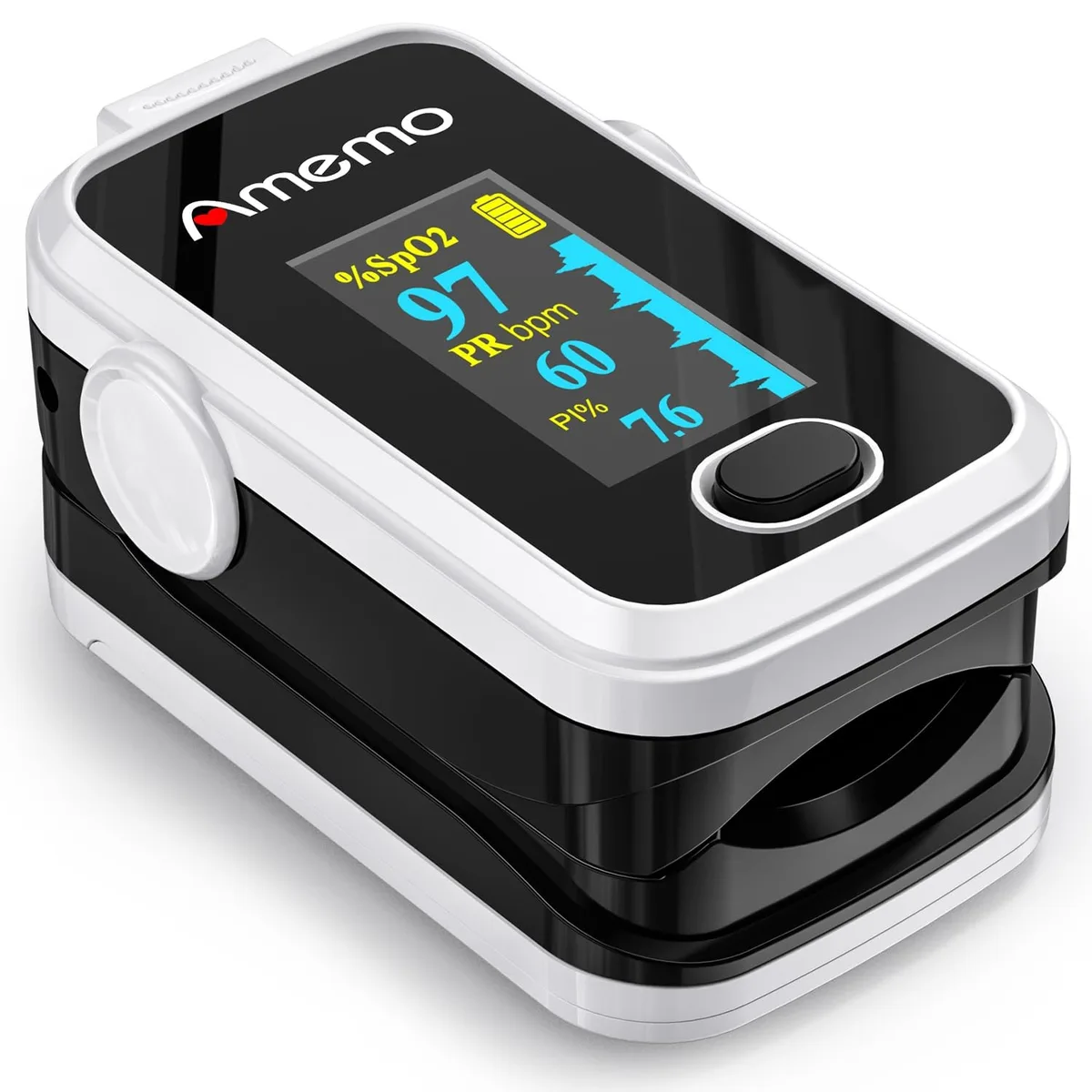 White fingertip pulse oximeter with OLED screen, silicone cover and carry case