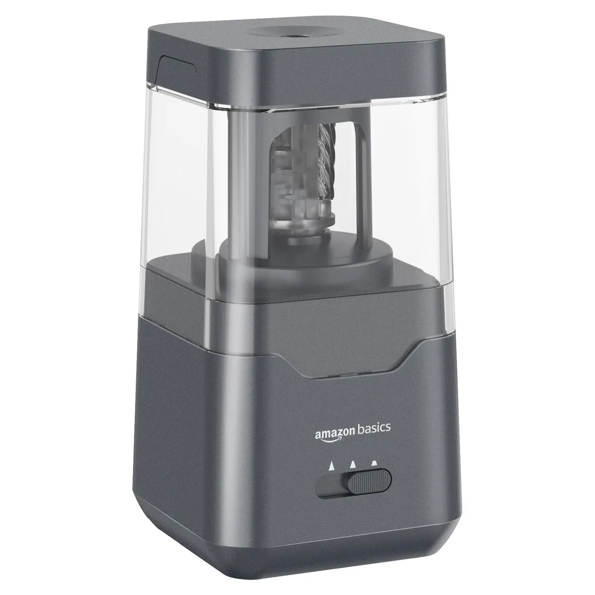 Compact blue electric pencil sharpener with leather finish, cylindrical shape, dual battery and USB power
