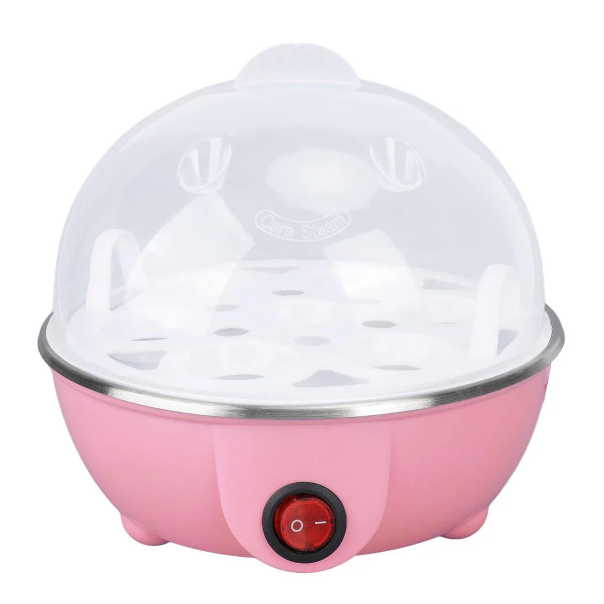 White chicken-shaped egg cooker with clear lid and measuring cup