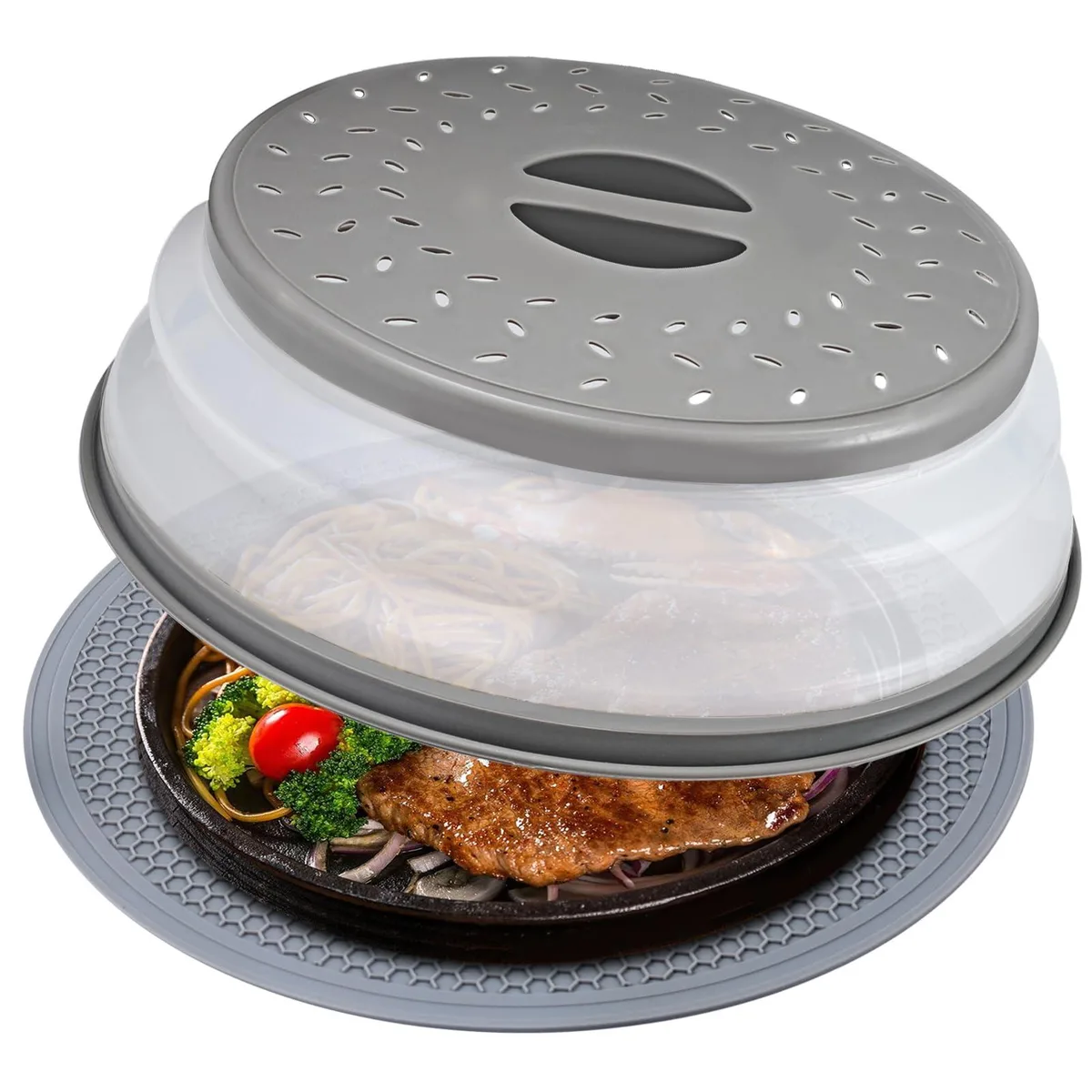 Grey collapsible microwave cover and silicone mat set with handle