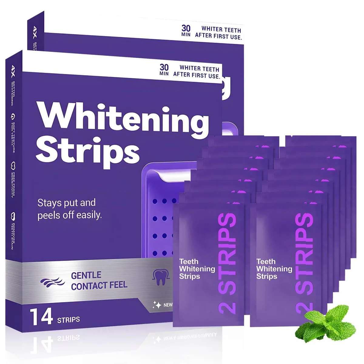 Box of 28 purple teeth whitening strips in white packaging