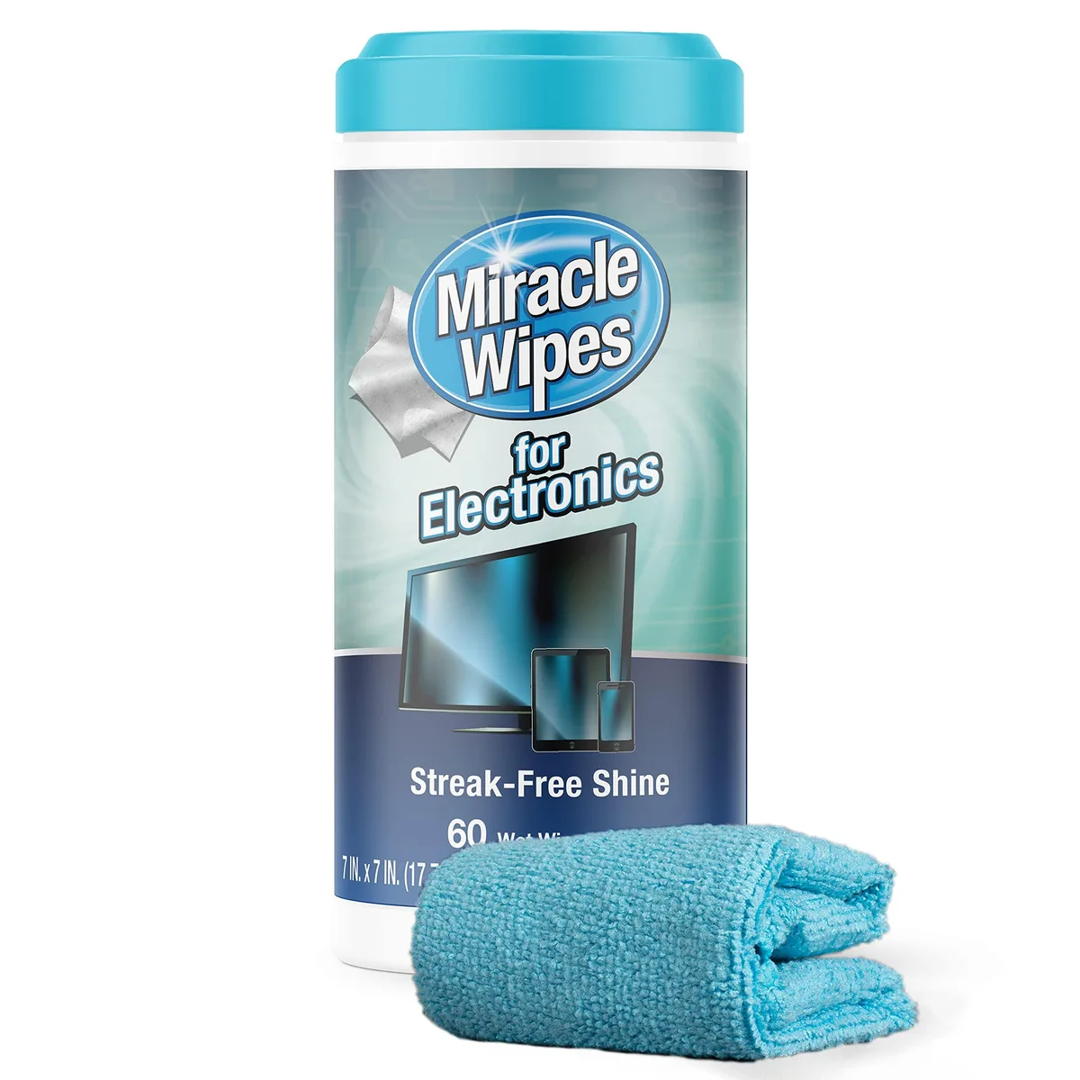 Cylindrical canister with flip-top lid, 60-count wipes and microfiber cloth