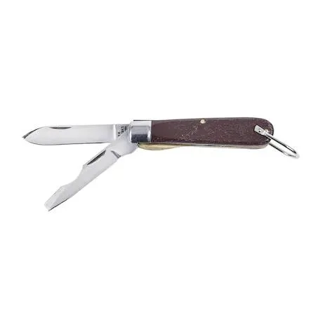 Klein Tools 1550-2 pocket knife, black plastic handle with faux wood grain, spearpoint blade and screwdriver tip