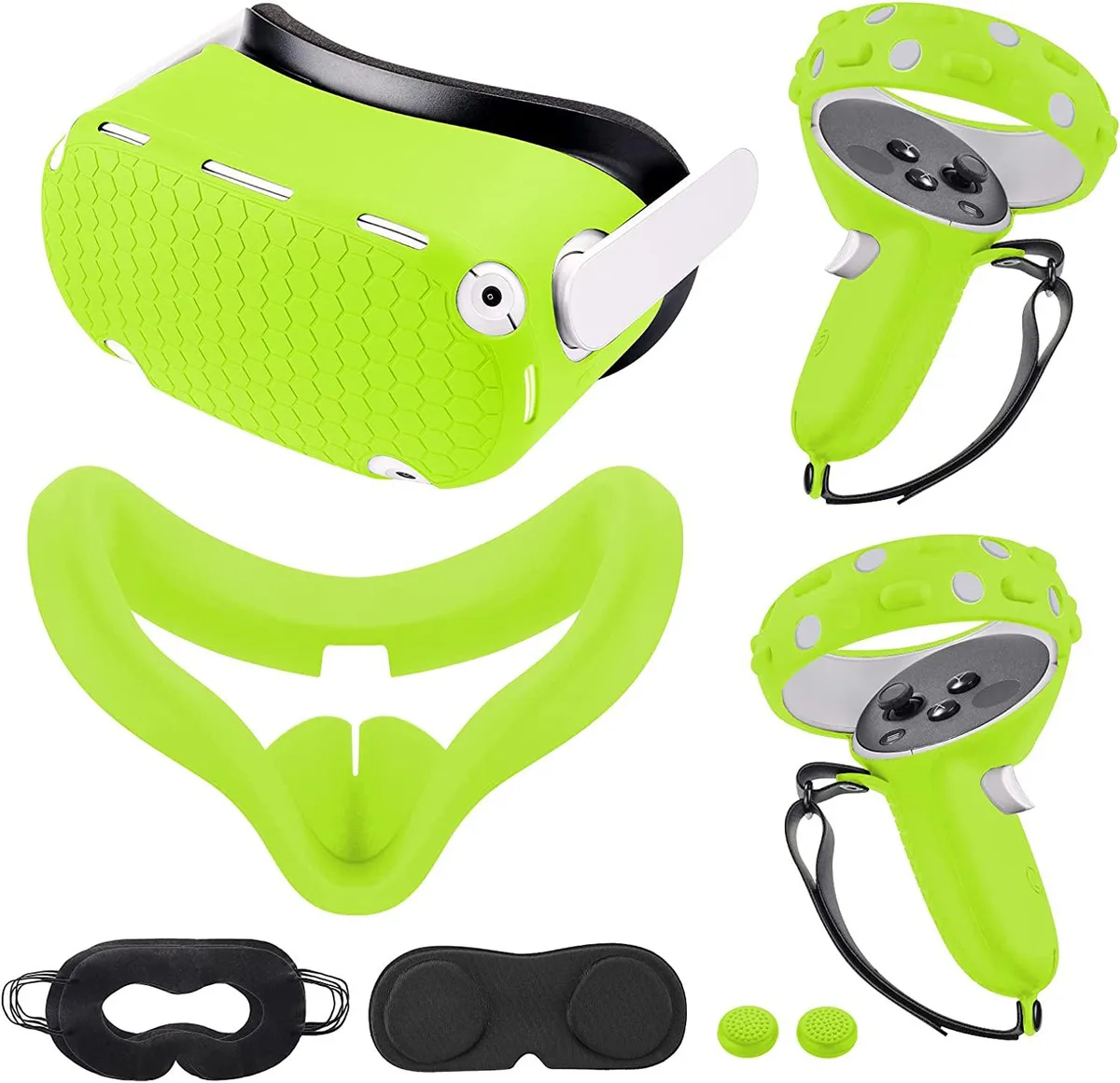 Green VR accessory kit with silicone face cover, shell cover, controller grips, lens cover and disposable eye covers