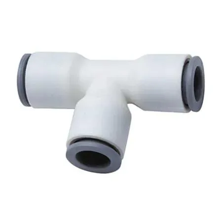 White nylon push-fit tee fitting, three 3/8 inch ports, pack of ten
