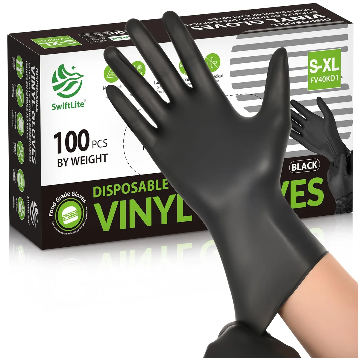 Box of 100 black vinyl gloves, disposable, loose fit