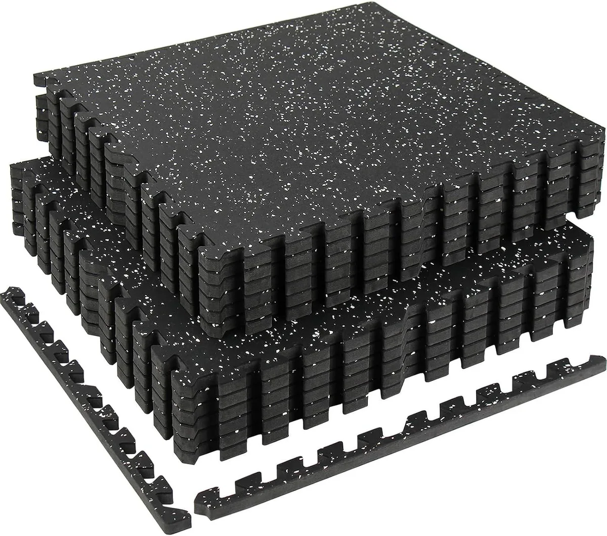 Twelve interlocking black and white rubber-topped foam tiles with removable borders