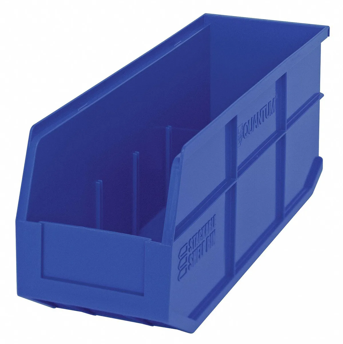Blue polypropylene shelf storage bin, 18 by 6 by 7 inches, stackable with label holder