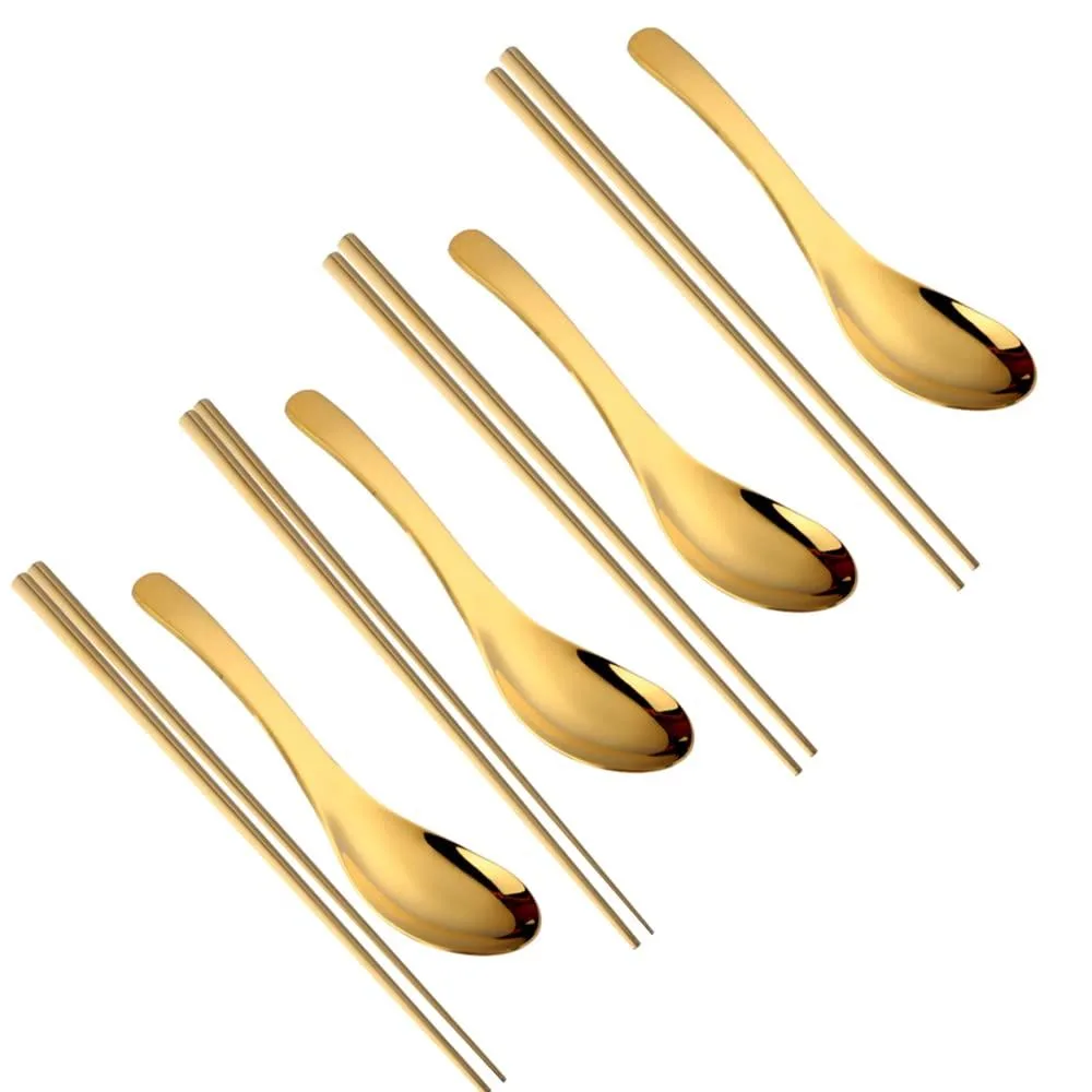 Gold stainless steel soup spoons and chopsticks set for four, mirror-polished finish