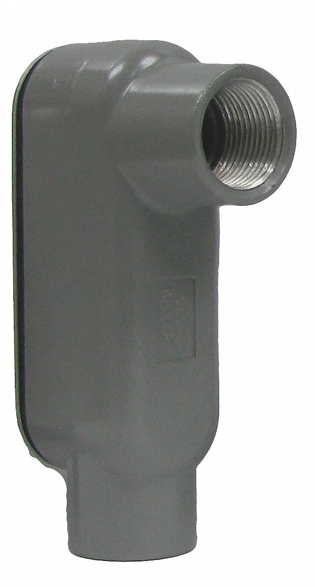 Gray powder-coated aluminum LB conduit outlet body with threaded cover, 90-degree turn, flat back, 10 inches wide, 5 inches long